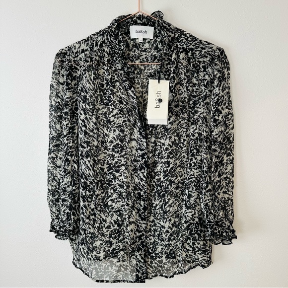 New BA&SH Ruffle-trimmed Animal Print crepon blouse top sheer - Picture 4 of 8
